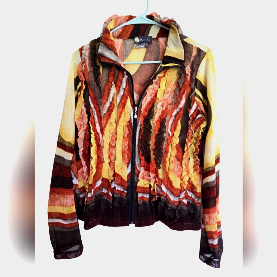 Damee Unique Stretch Sheer Mesh Zip Up Artistic Long Sleeve Jacket Size S